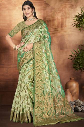 Light green organza woven work festival saree