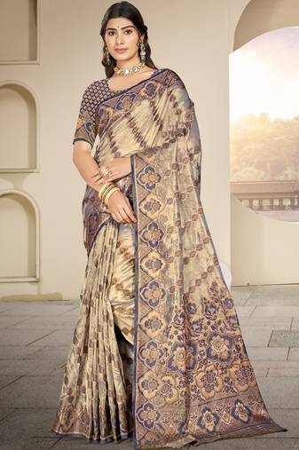 Brown organza woven work festival saree