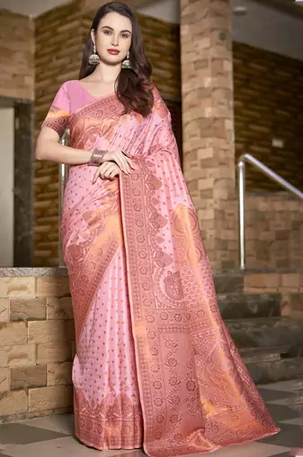 Pink art silk woven work festival saree