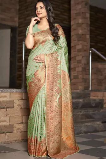 Pista green art silk woven work festival saree