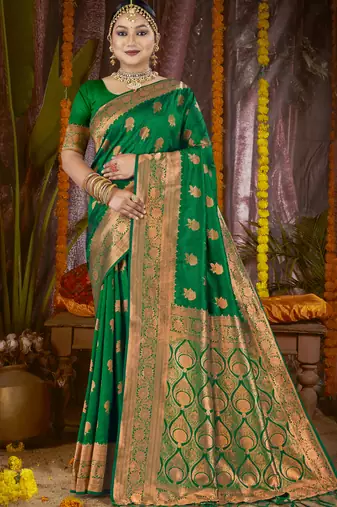 Dark green art silk woven work festival saree