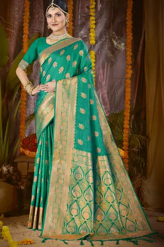 Teal green art silk woven work festival saree