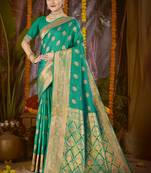 Teal green art silk woven work festival saree