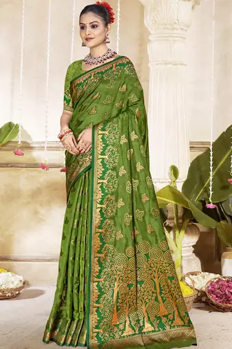 Green art silk woven work festival saree
