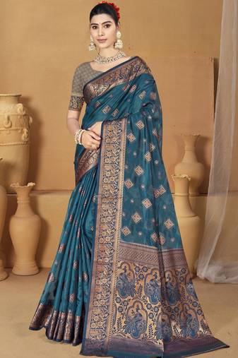 Blue art silk woven work festival saree
