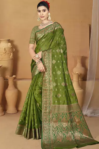 Green art silk woven work festival saree