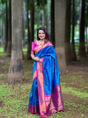 Soft paithani silk blend saree with zari weaving  meenakari motifs design 1
