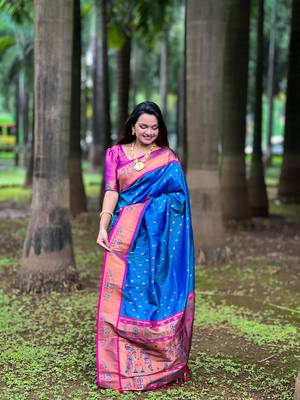 Soft paithani silk blend saree with zari weaving  meenakari motifs design 2