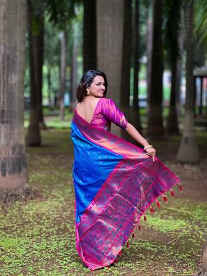 Soft paithani silk blend saree with zari weaving  meenakari motifs design 3