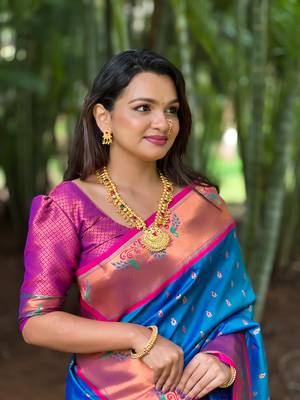 Soft paithani silk blend saree with zari weaving  meenakari motifs design 5