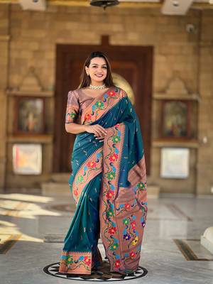 Soft paithani silk blend saree with zari weaving  meenakari motifs design 1
