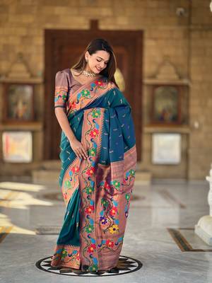 Soft paithani silk blend saree with zari weaving  meenakari motifs design 2