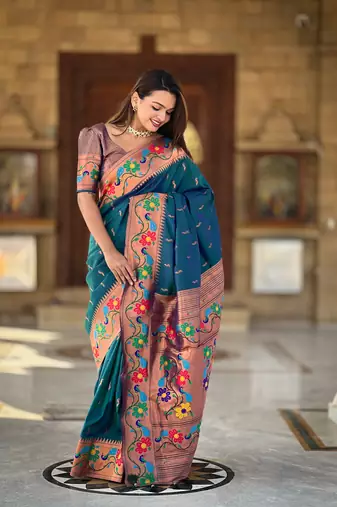 Soft paithani silk blend saree with zari weaving  meenakari motifs design