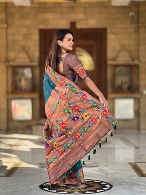 Soft paithani silk blend saree with zari weaving  meenakari motifs design 3