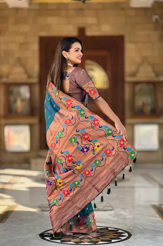 Soft paithani silk blend saree with zari weaving  meenakari motifs design