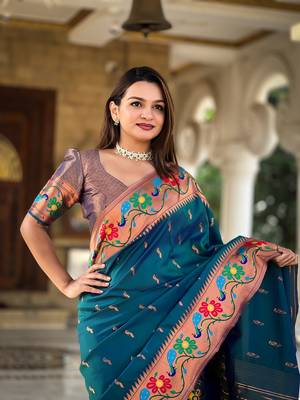 Soft paithani silk blend saree with zari weaving  meenakari motifs design 4