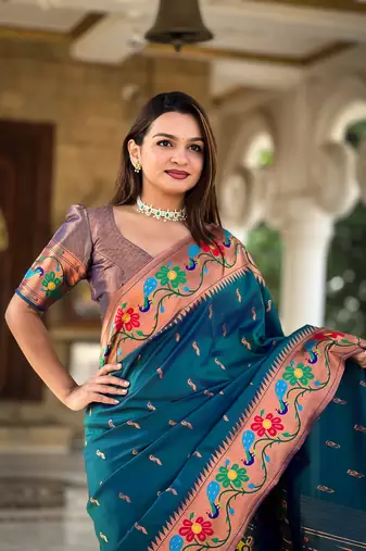Soft paithani silk blend saree with zari weaving  meenakari motifs design