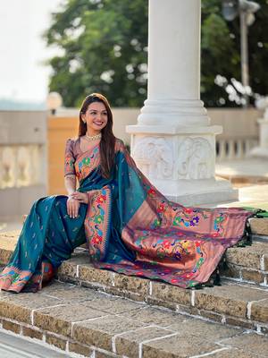 Soft paithani silk blend saree with zari weaving  meenakari motifs design 5