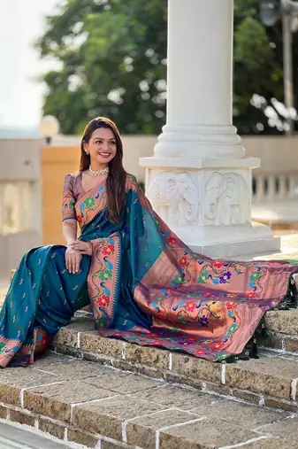 Soft paithani silk blend saree with zari weaving  meenakari motifs design