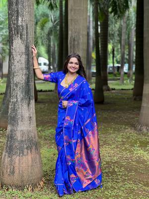 Soft paithani silk blend saree with zari weaving  meenakari motifs design 1