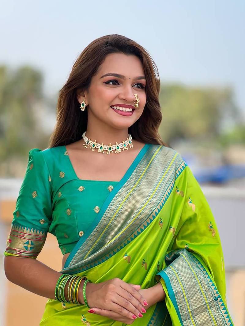 Soft paithani silk blend saree with zari weaving motif design