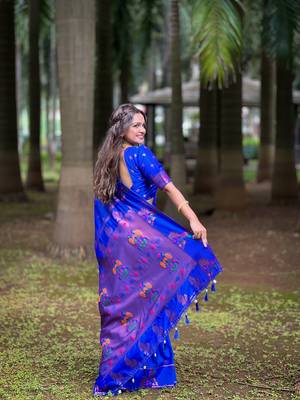 Soft paithani silk blend saree with zari weaving  meenakari motifs design 3
