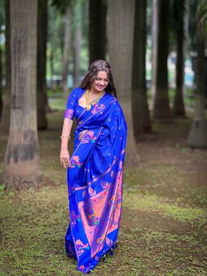 Soft paithani silk blend saree with zari weaving  meenakari motifs design 4