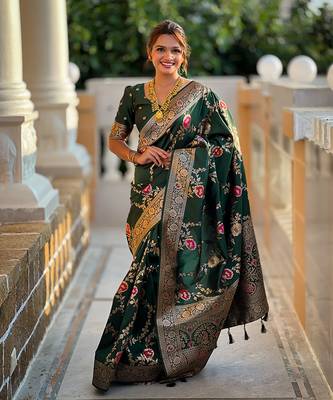 Soft banarasi silk blend saree with zari weaving meenakari design 1
