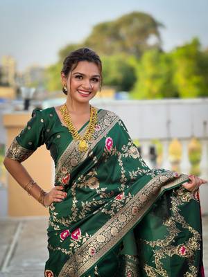 Soft banarasi silk blend saree with zari weaving meenakari design 2