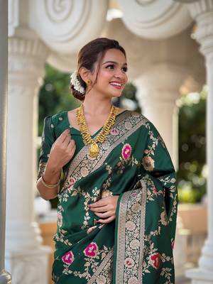 Soft banarasi silk blend saree with zari weaving meenakari design 5