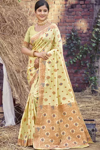 Light yellow art silk woven work festival saree