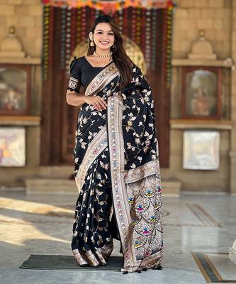 Soft banarasi silk blend saree with zari weaving meenakari design 1