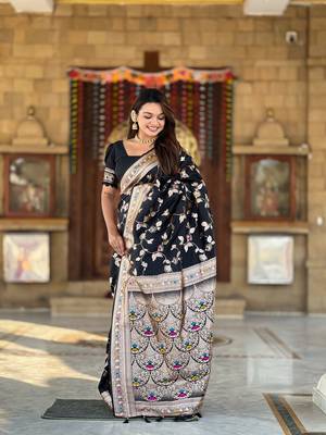 Soft banarasi silk blend saree with zari weaving meenakari design 2