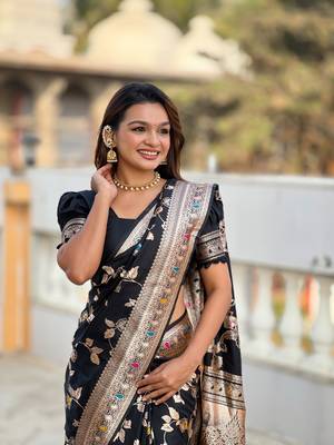 Soft banarasi silk blend saree with zari weaving meenakari design 4