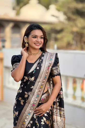 Soft banarasi silk blend saree with zari weaving meenakari design