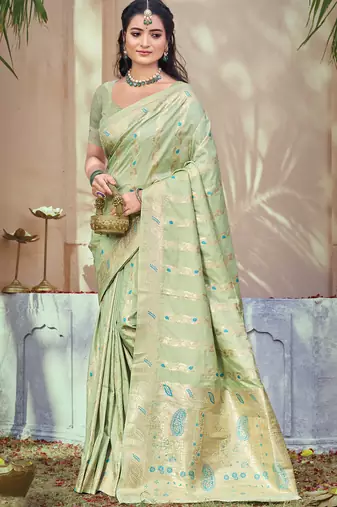 Pista green art silk woven work festival saree