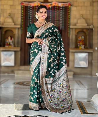 Soft banarasi silk blend saree with zari weaving meenakari design 1