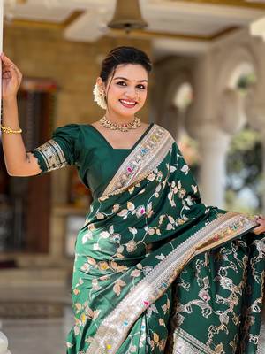 Soft banarasi silk blend saree with zari weaving meenakari design 2