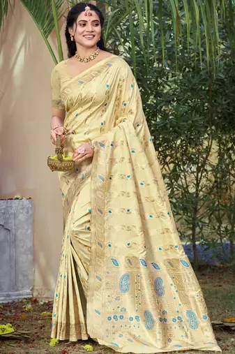 Beige art silk woven work festival saree
