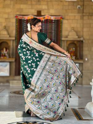 Soft banarasi silk blend saree with zari weaving meenakari design 4