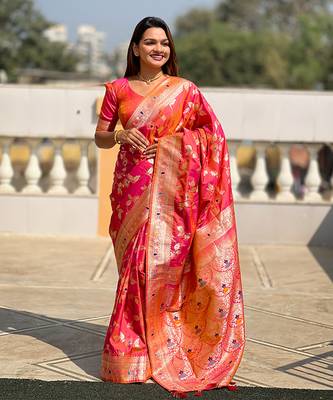 Soft banarasi silk blend saree with zari weaving meenakari design 1