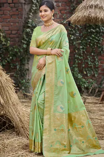 Pista green art silk woven work festival saree