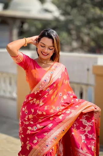 Soft banarasi silk blend saree with zari weaving meenakari design