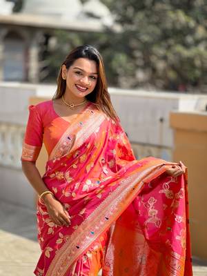 Soft banarasi silk blend saree with zari weaving meenakari design 4