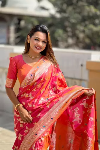Soft banarasi silk blend saree with zari weaving meenakari design