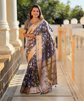 Soft banarasi silk blend saree with zari weaving meenakari design 1