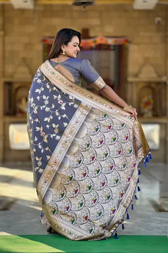 Soft banarasi silk blend saree with zari weaving meenakari design