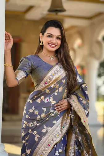 Soft banarasi silk blend saree with zari weaving meenakari design