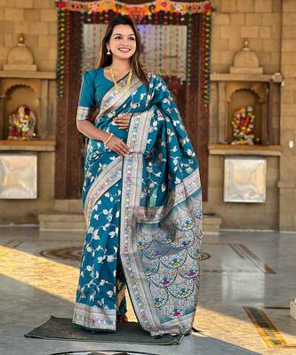 Soft banarasi silk blend saree with zari weaving meenakari design 1