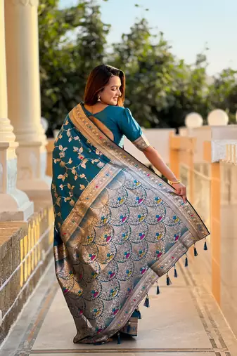 Soft banarasi silk blend saree with zari weaving meenakari design